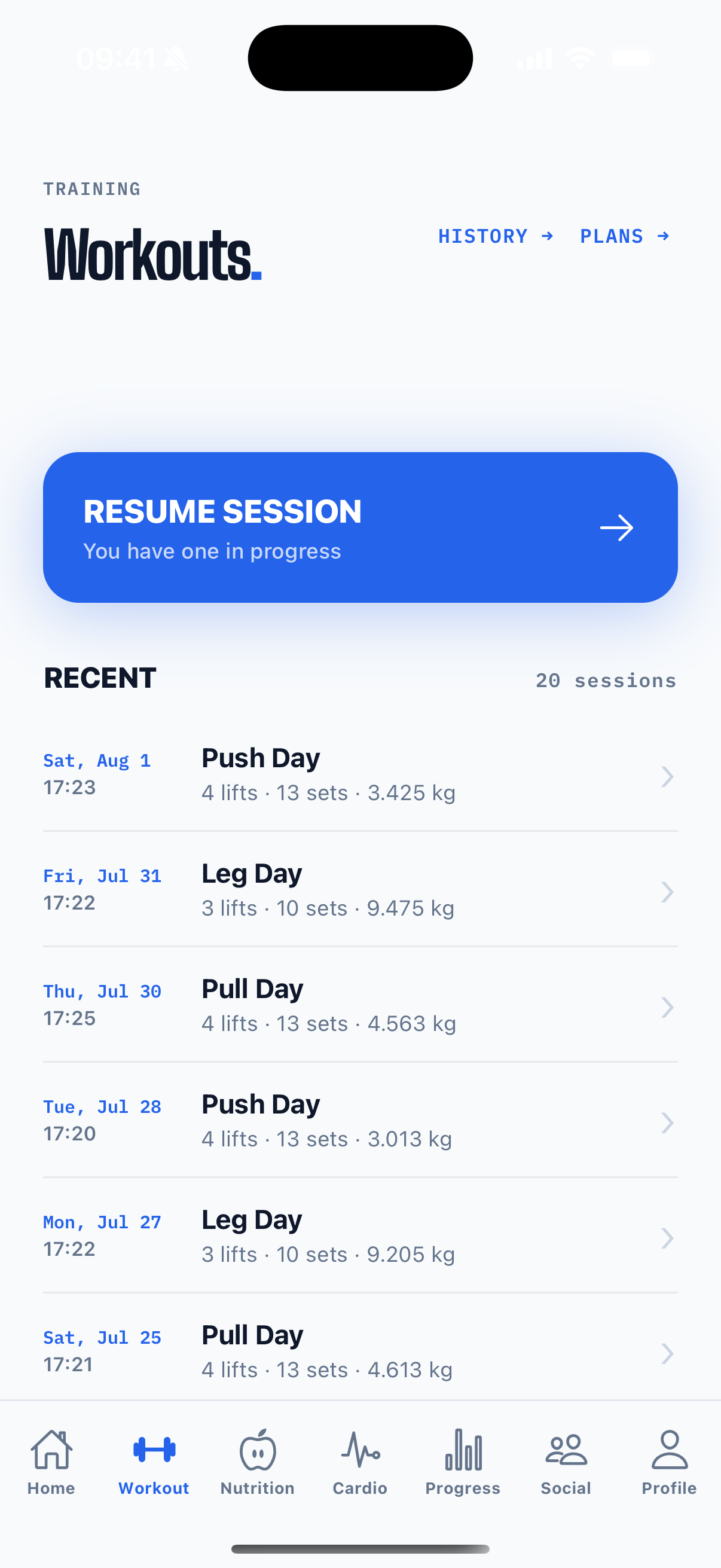 Novyn Workout screen